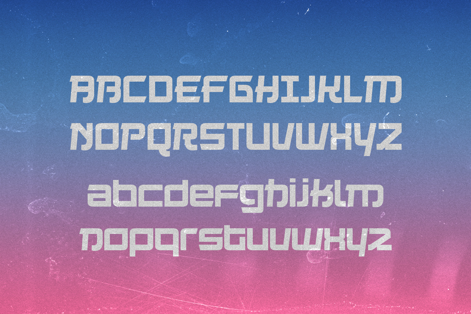 Retro geometric font with uppercase, lowercase, plus numbers on blue to pink gradient background with noise texture