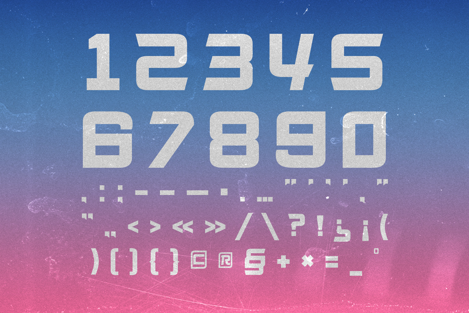 Retro numbers plus coding symbols on blue to pink gradient with grainy texture