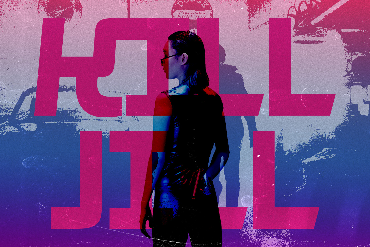 Woman in profile with bold magenta typography overlay, neon lighting, grungy textured background with blue pink gradient vibes