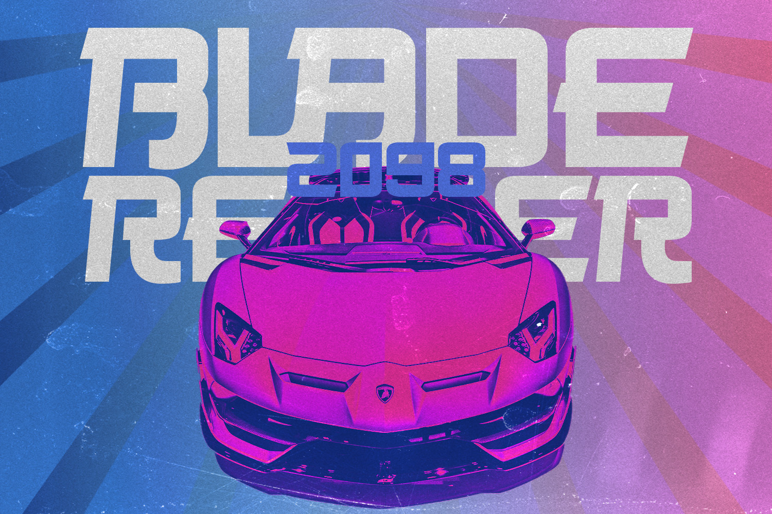 Neon sports car front view with bold white text overlay on blue to pink gradient background