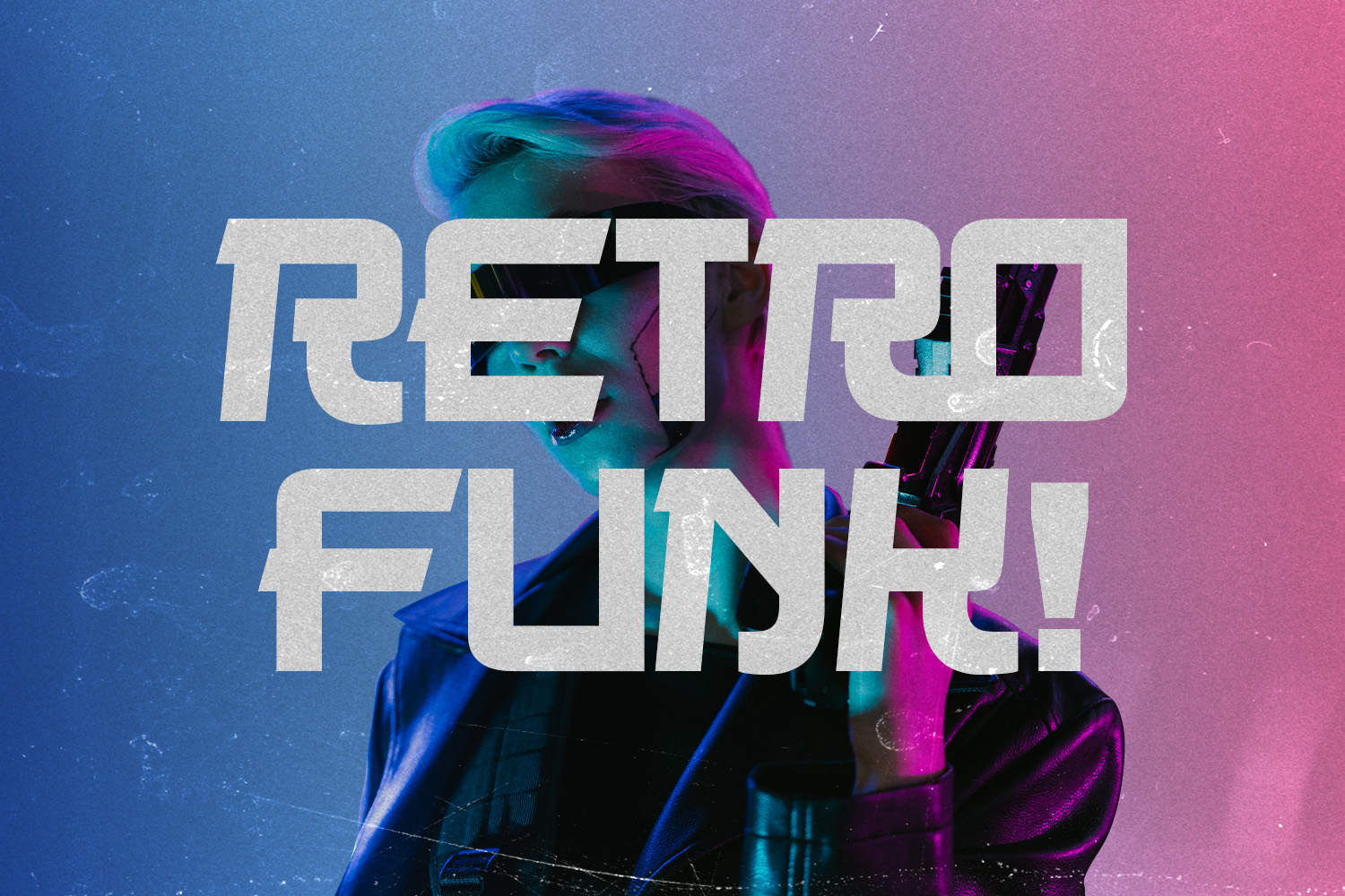 Bold neon glitch text overlay on vibrant cyan to magenta gradient with portrait cutouts showing through letters