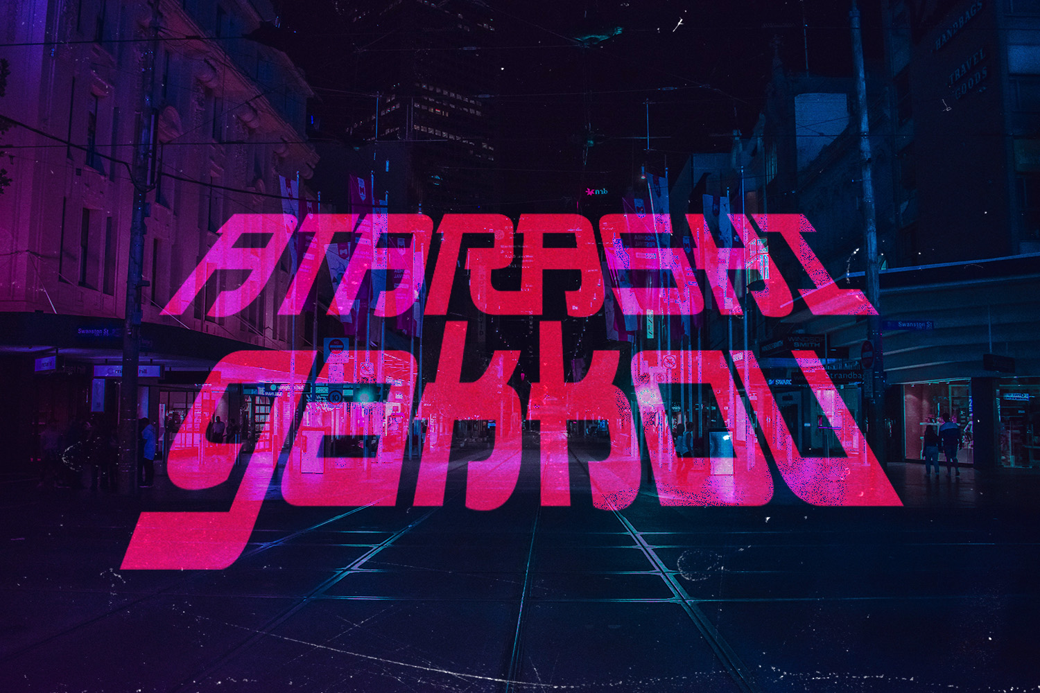 Glowing neon sign with Japanese characters in hot pink against dark cyberpunk city street