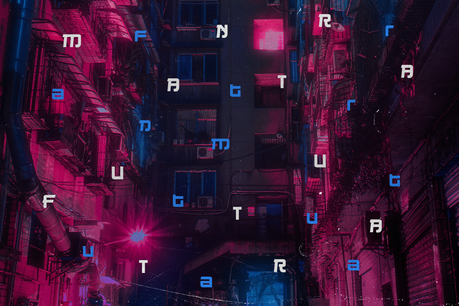 Neon cyberpunk street scene with magenta buildings, blue glowing accents, scattered typography overhead