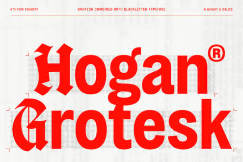 Bold red display typography pairing K73 Grotesk with BlackLetter, 8 weights total