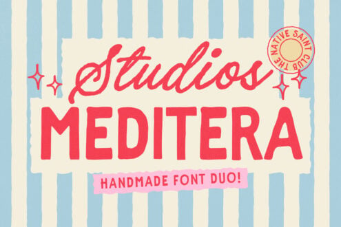 Studios Meditera handmade font duo with retro striped background, sparkles, sun badge