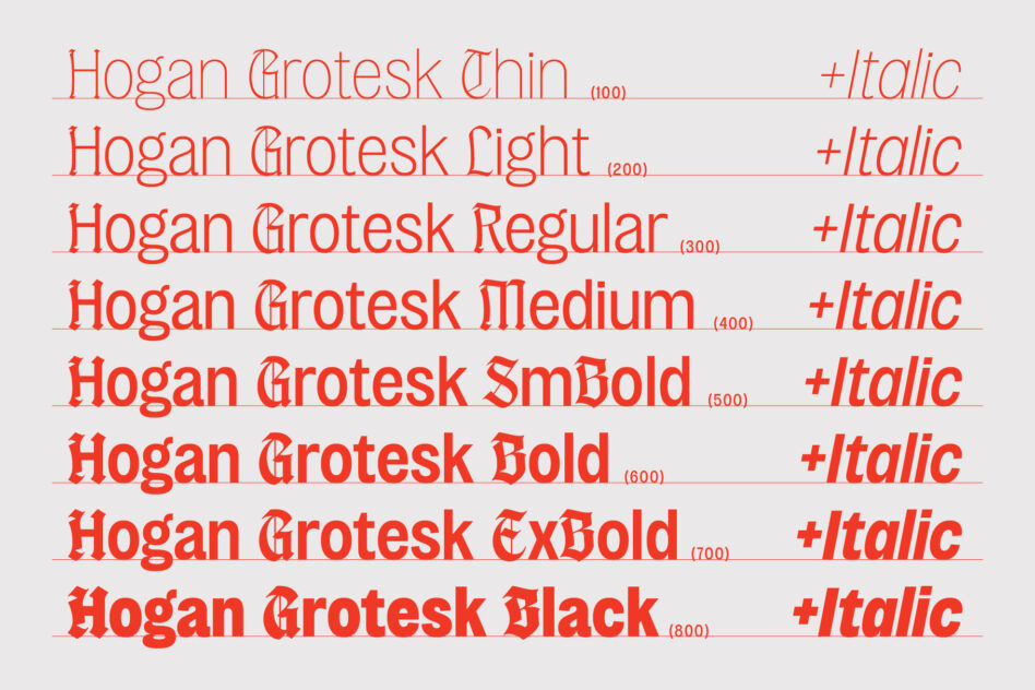 Hogan Grotesk font family showing 8 weights plus italics in bright red