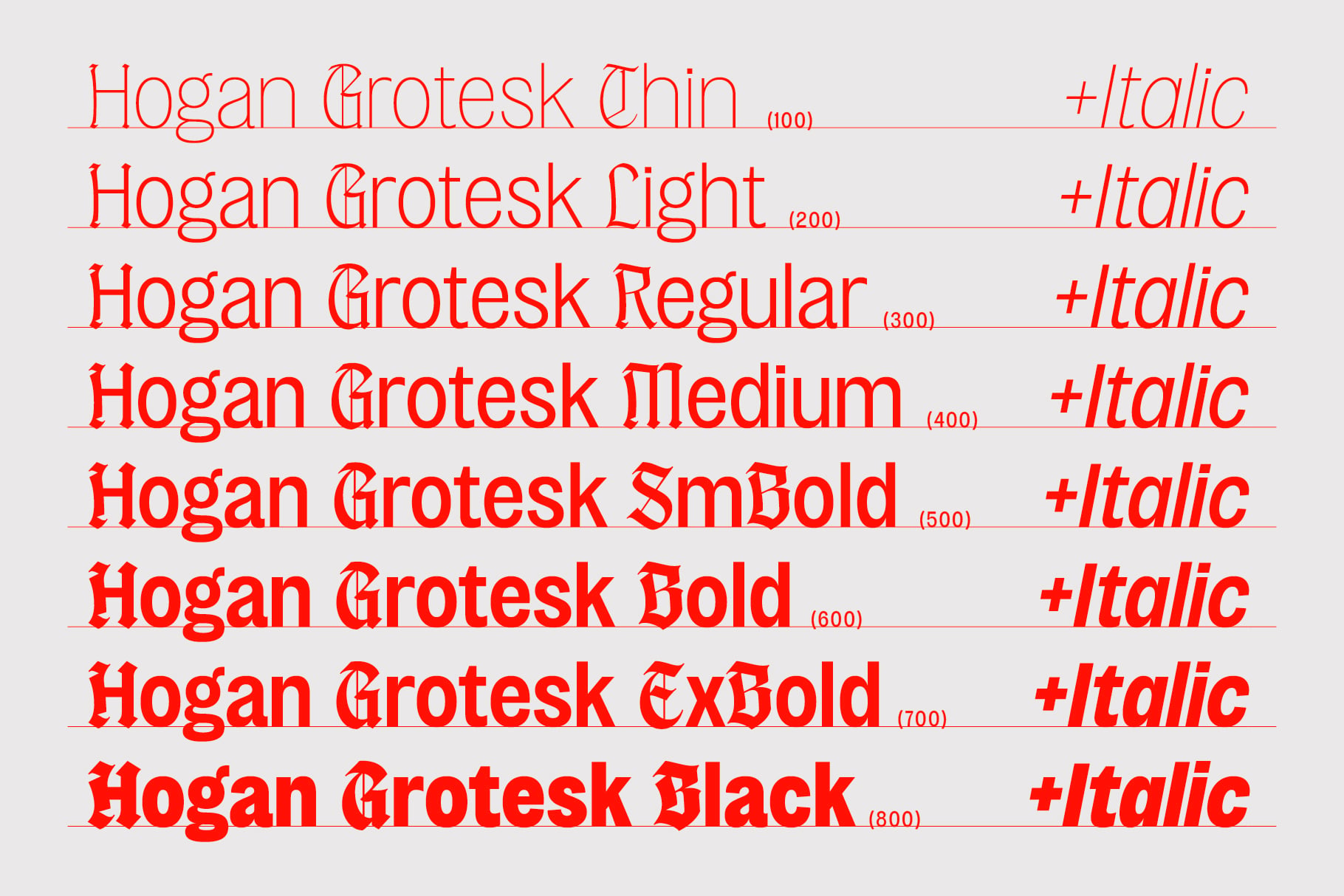 Hogan Grotesk font family showing 8 weights plus italics in bright red