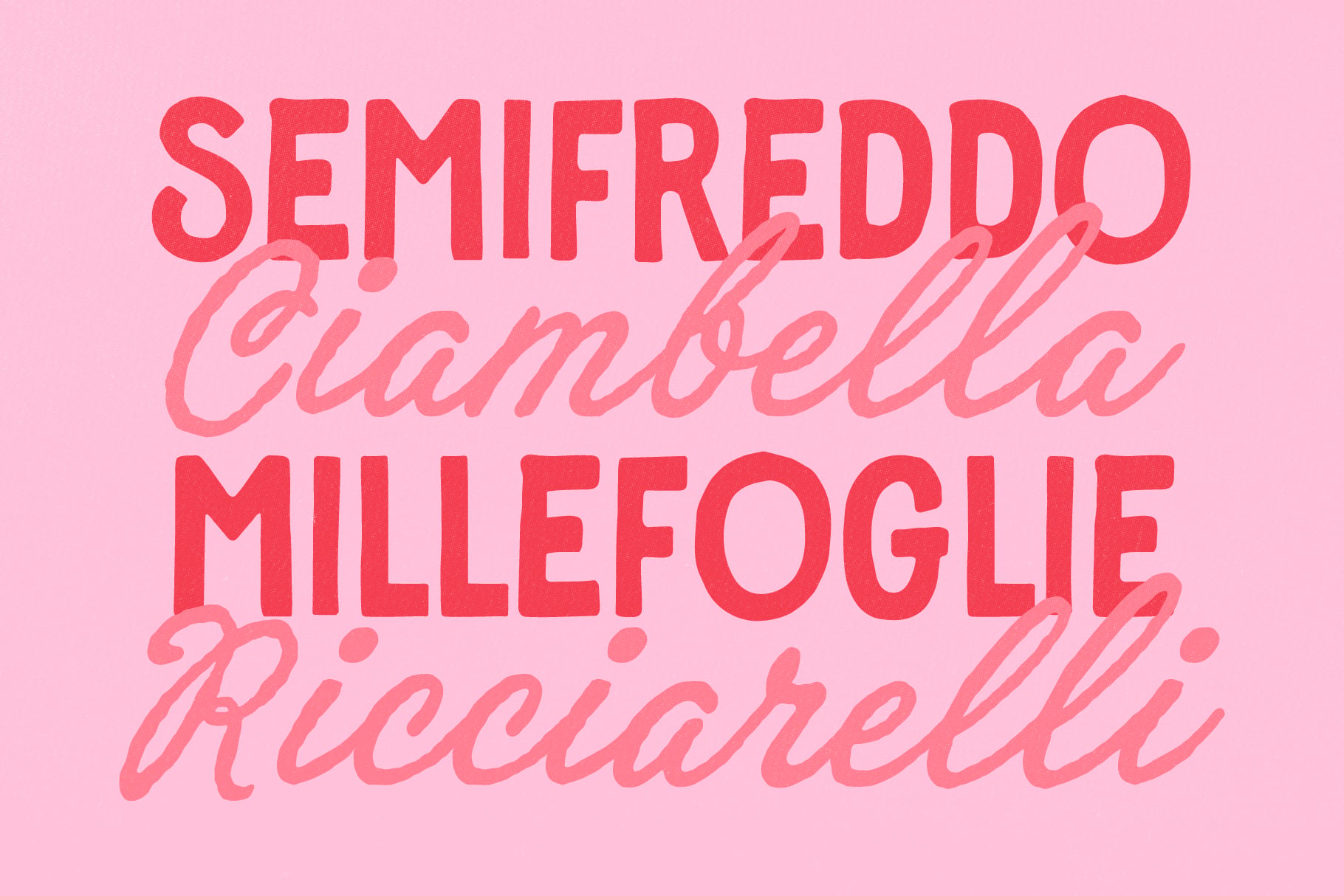 Bold red sans serif layered with flowing pink script on soft pink background