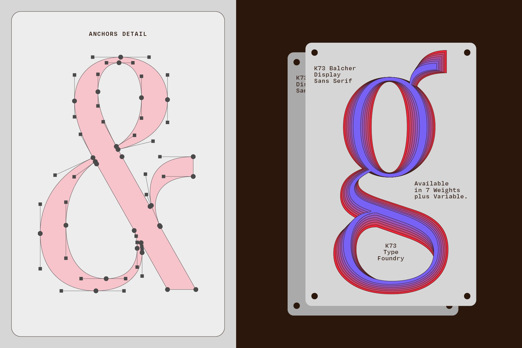 K73 Balcher Display typeface with anchor points shown, plus vibrant striped font variations