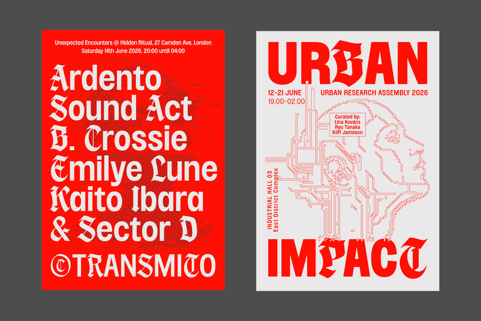Two bold event posters in red, white featuring electronic music show plus urban research assembly