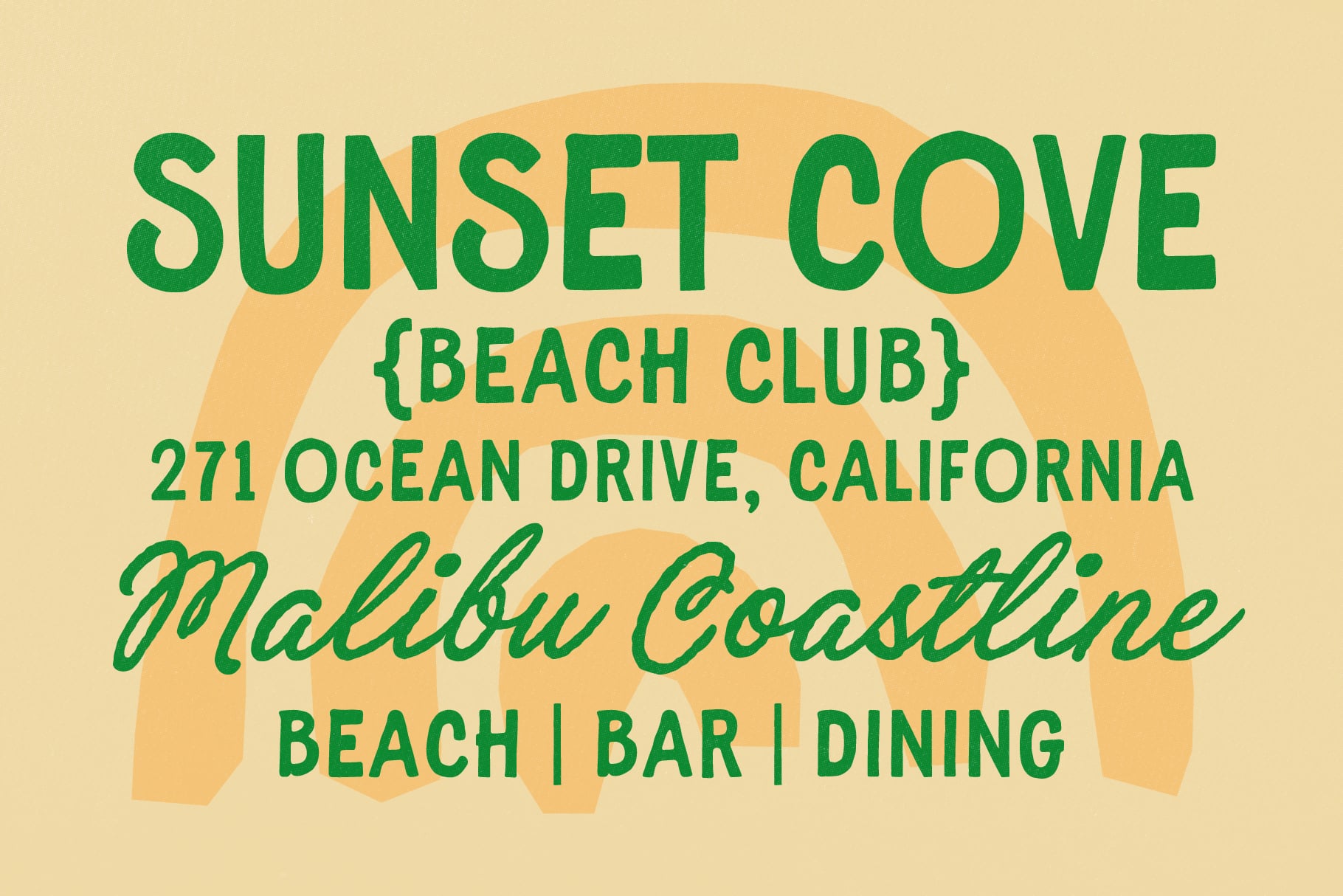Retro beach club poster with green text on cream background, sunset graphic behind Malibu Coastline venue details