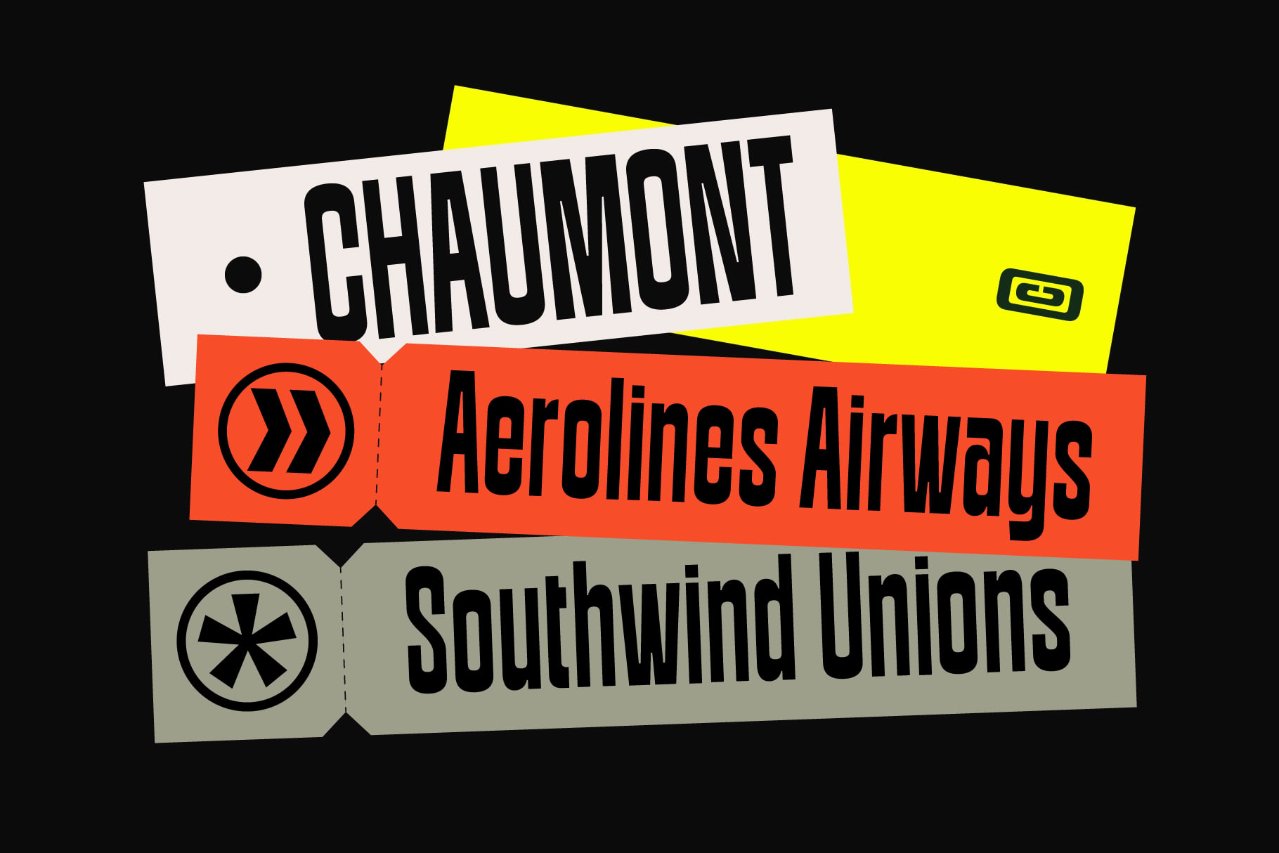 Retro airline ticket mockup with bold typography showing Chaumont, Aerolines Airways, Southwind Unions