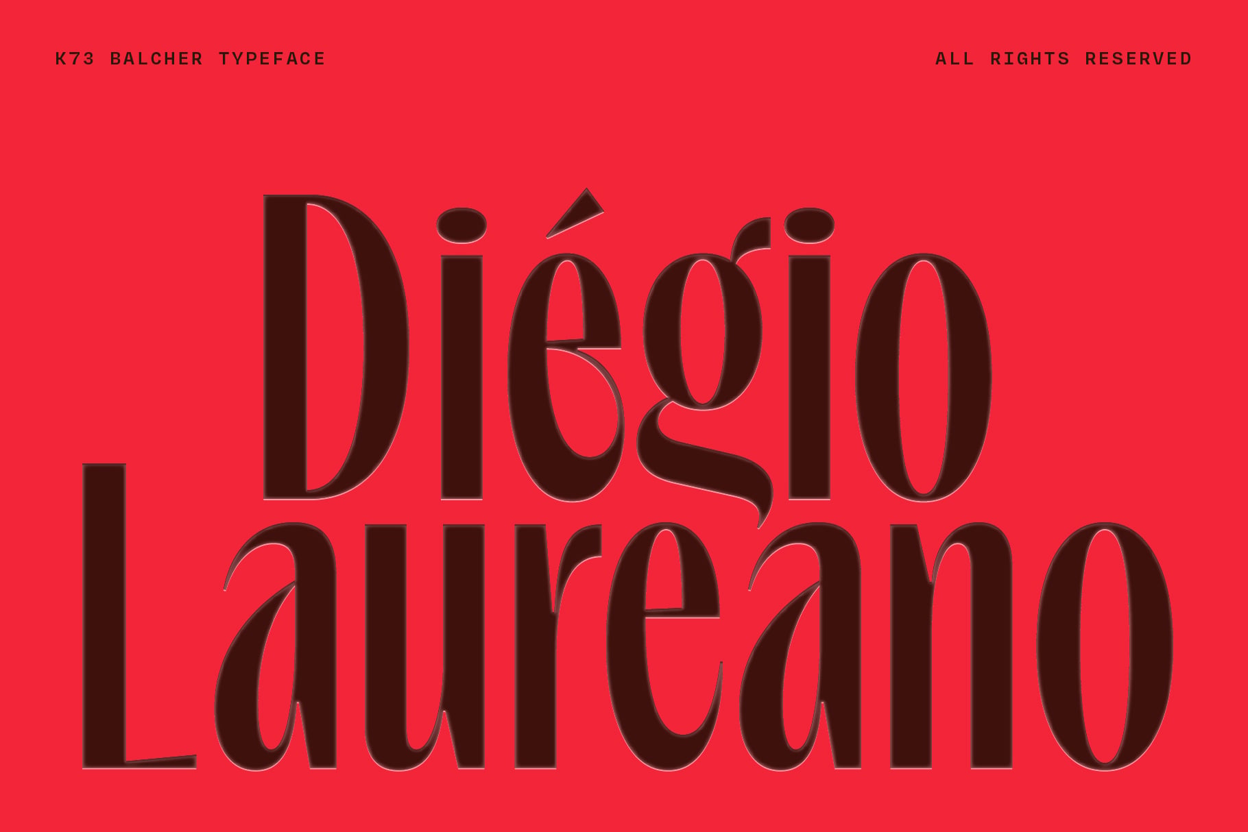 K73 Balcher typeface specimen showing bold serif letters on bright red background