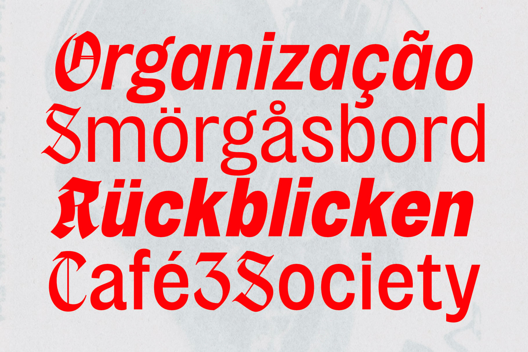 Bright red serif font stacked with international words on textured light background