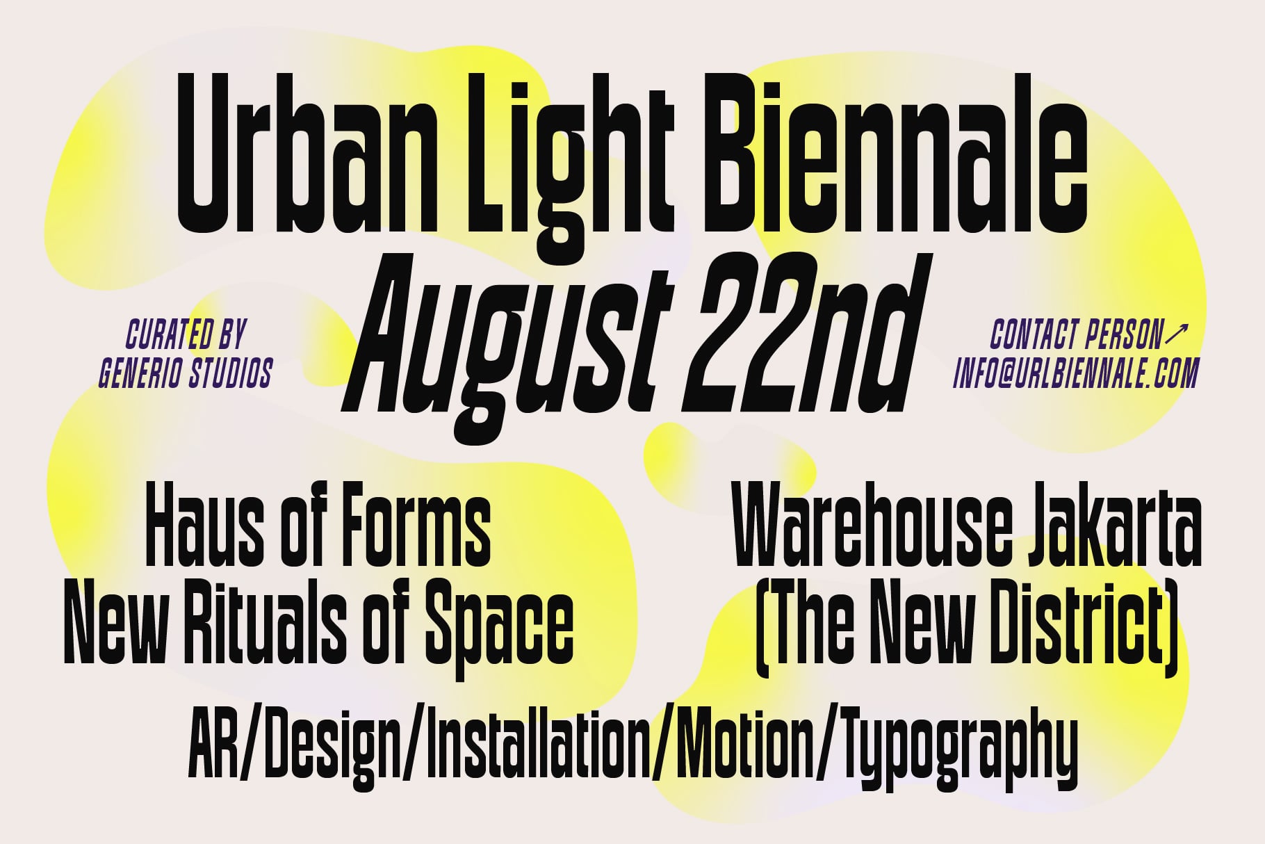 Bright yellow poster for Urban Light Biennale event on August 22nd in Jakarta