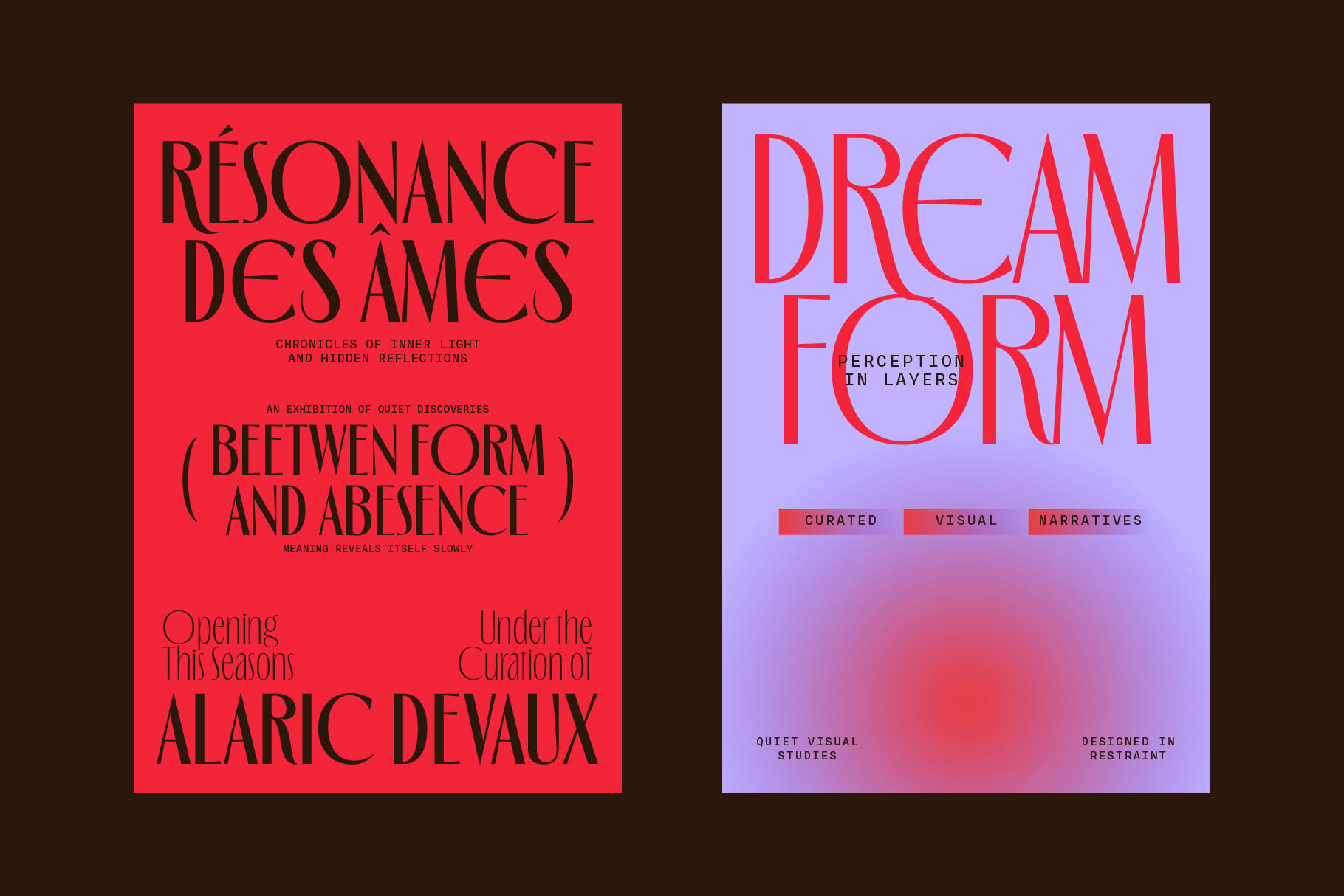 Two bold exhibition posters side by side, one red with French text, one lavender with large red letters