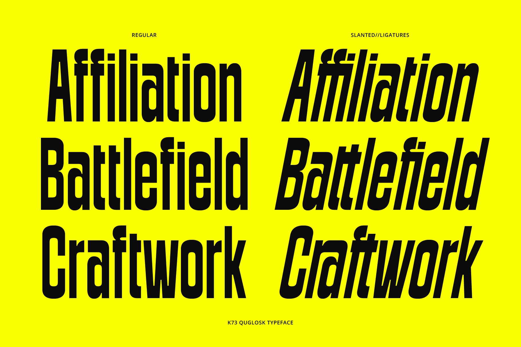 Bold sans serif font showing regular plus slanted styles on neon yellow