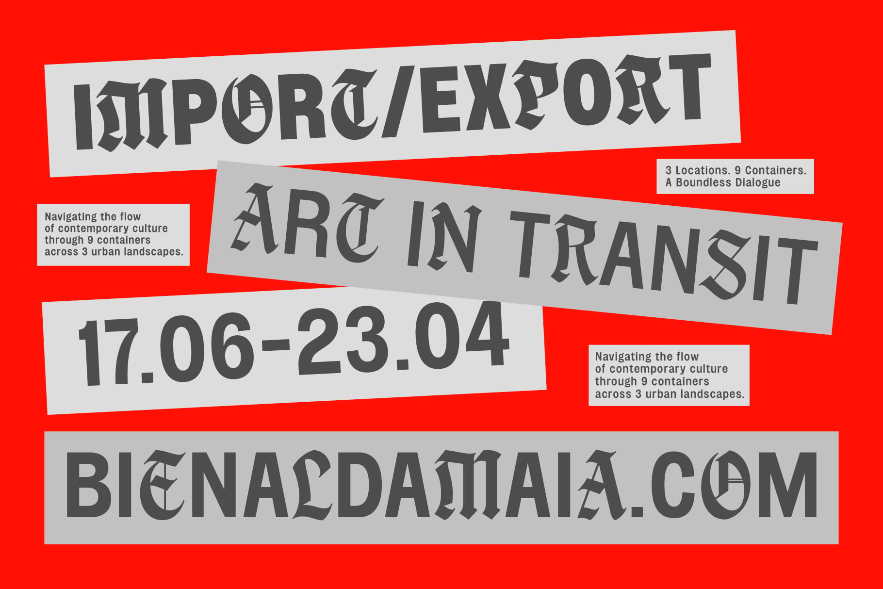 Bold red poster with distorted typography announcing an art in transit exhibition across three urban locations