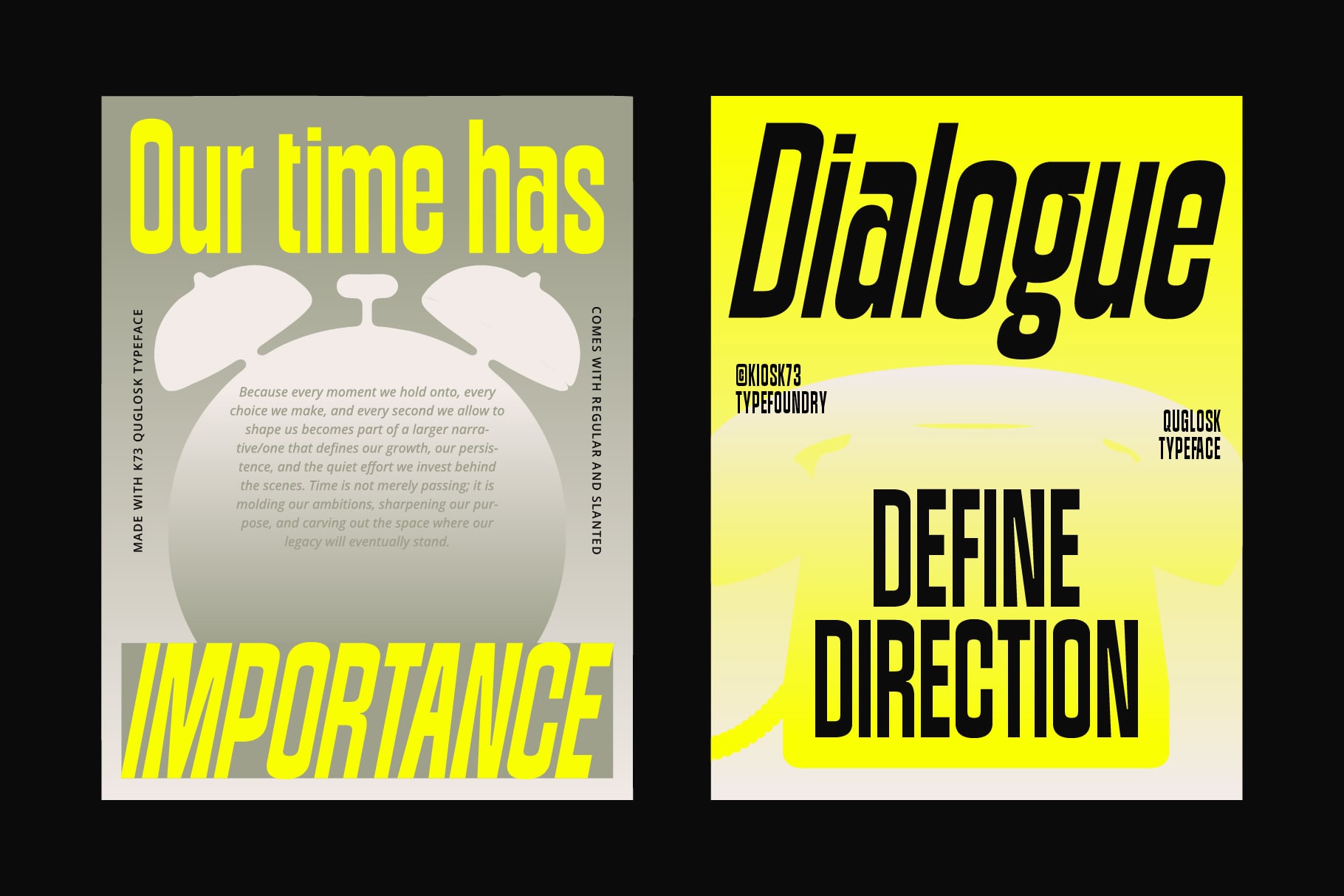 Two bold posters with neon yellow text, one featuring a clock on sage green, the other on bright yellow background