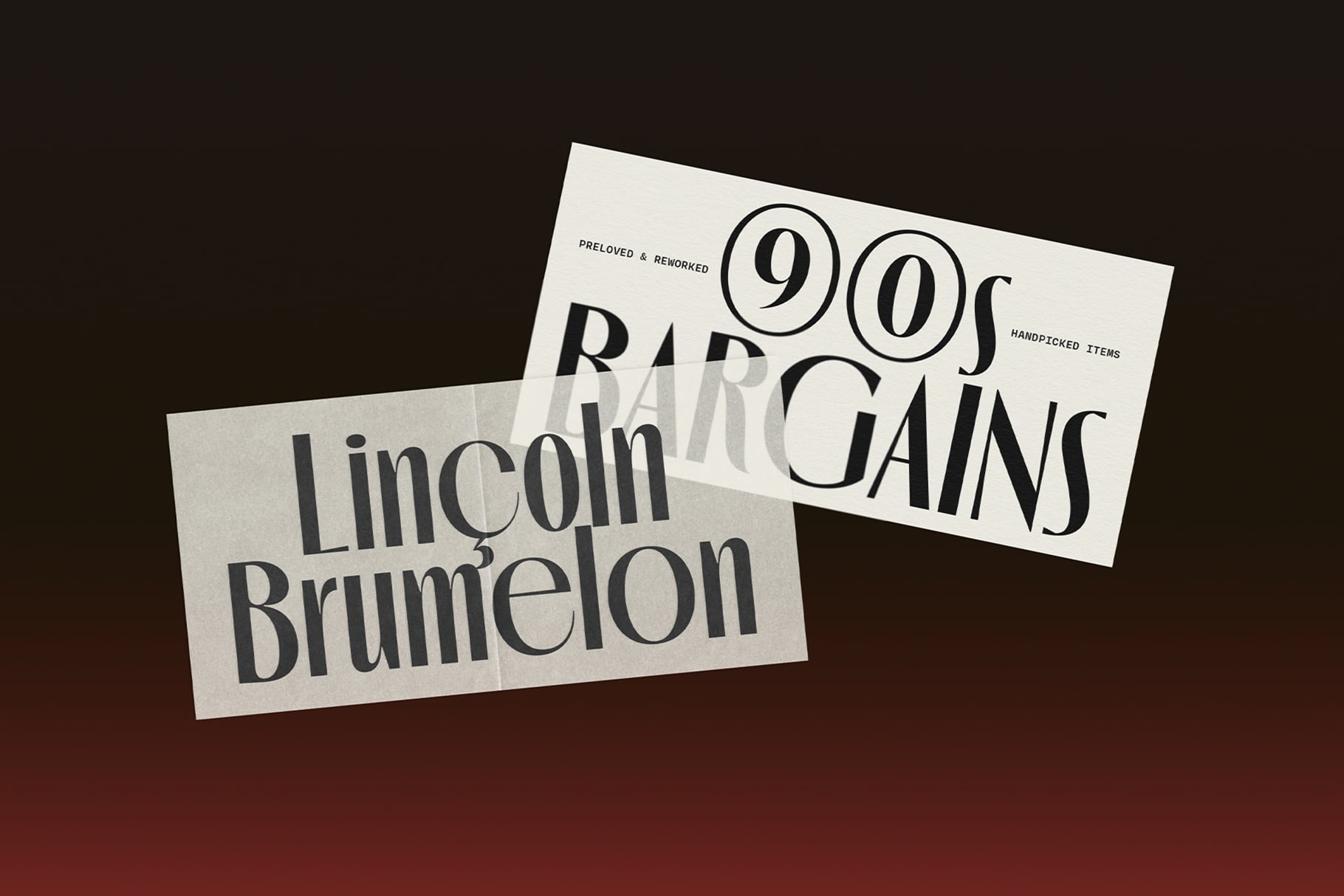 Two overlapping cream-colored cards displaying Lincoln Brumelon serif typeface with 900+ handpicked glyphs