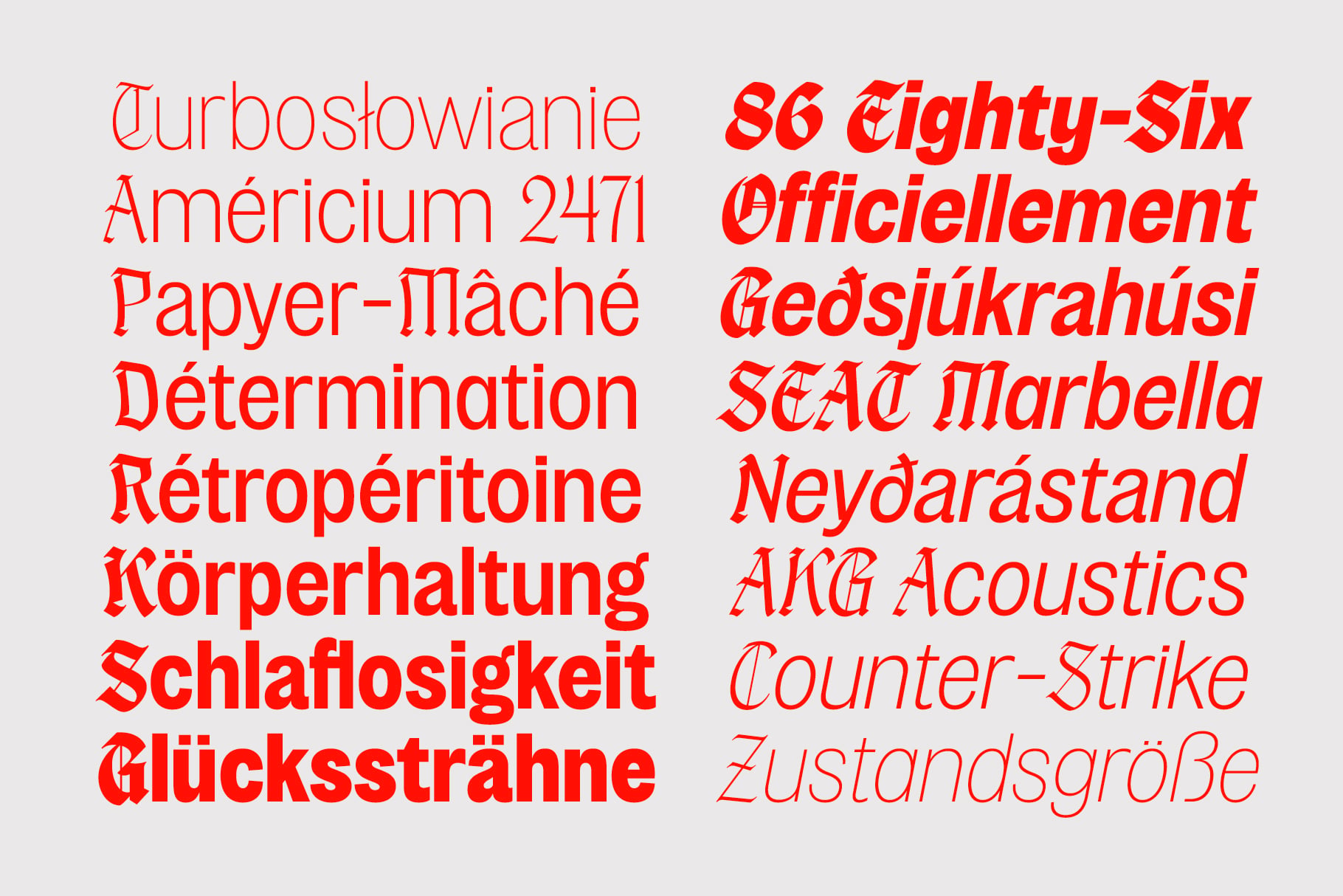 Red italic serif font sample showing varied international words on light background