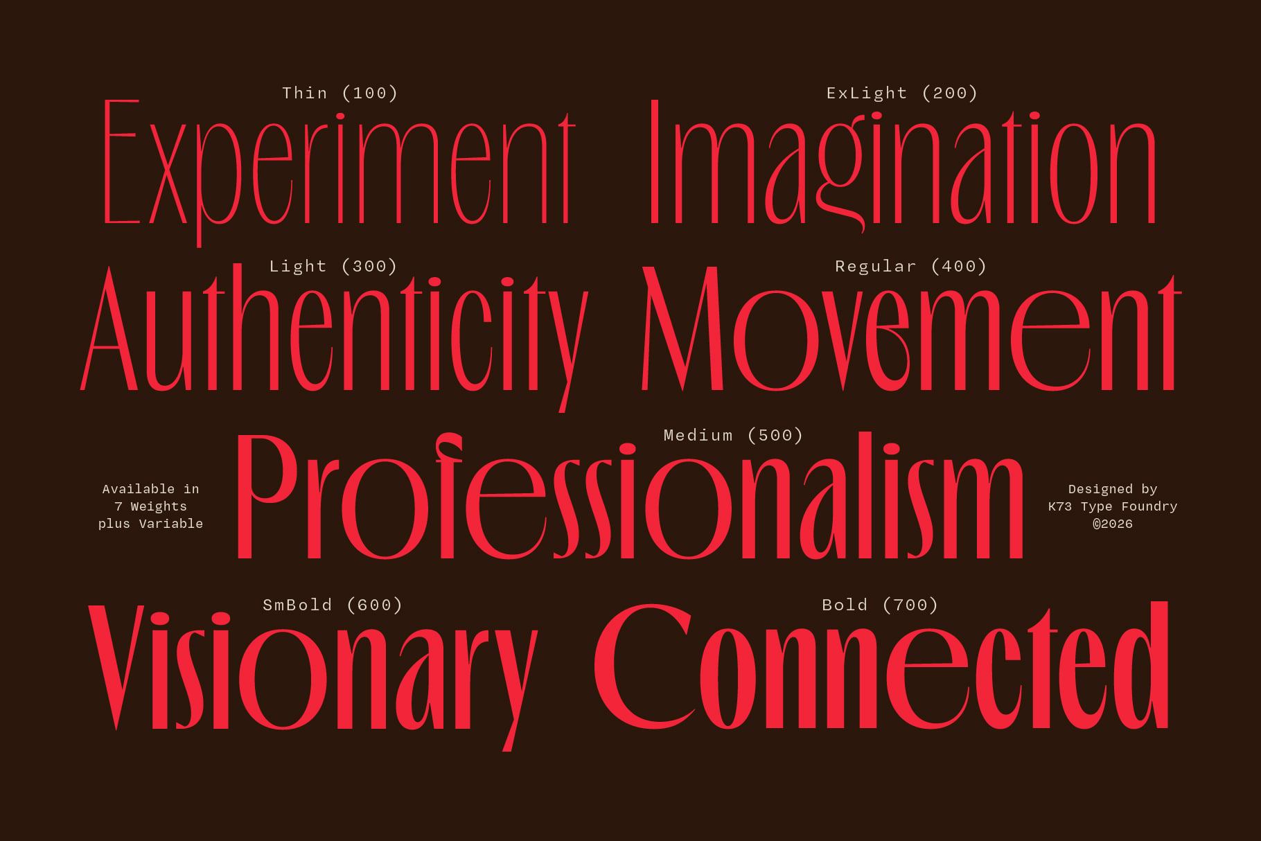 K73 sans serif font showing 7 weights from thin to bold in red on dark background