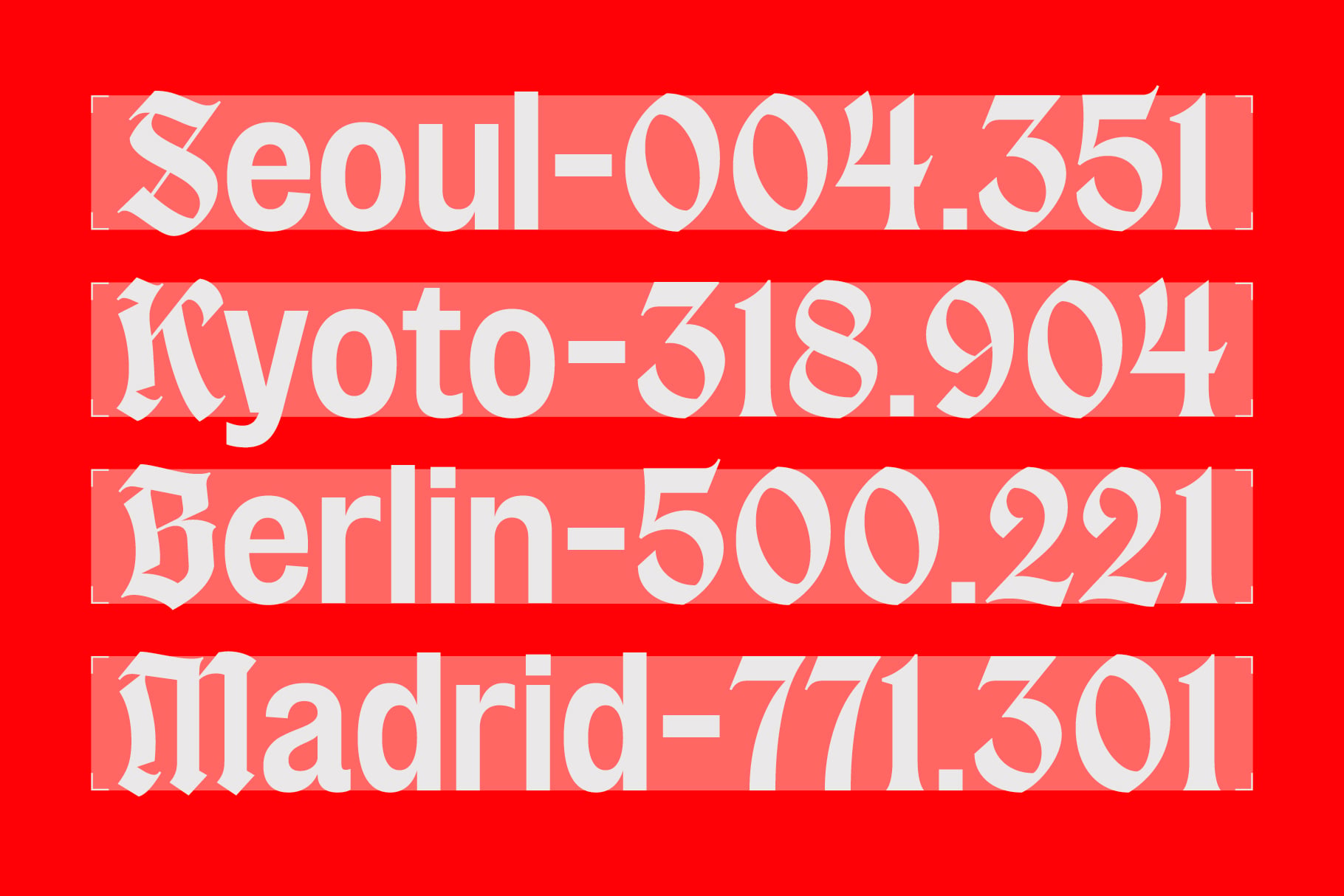 White serif type displaying city postal codes on bright red background