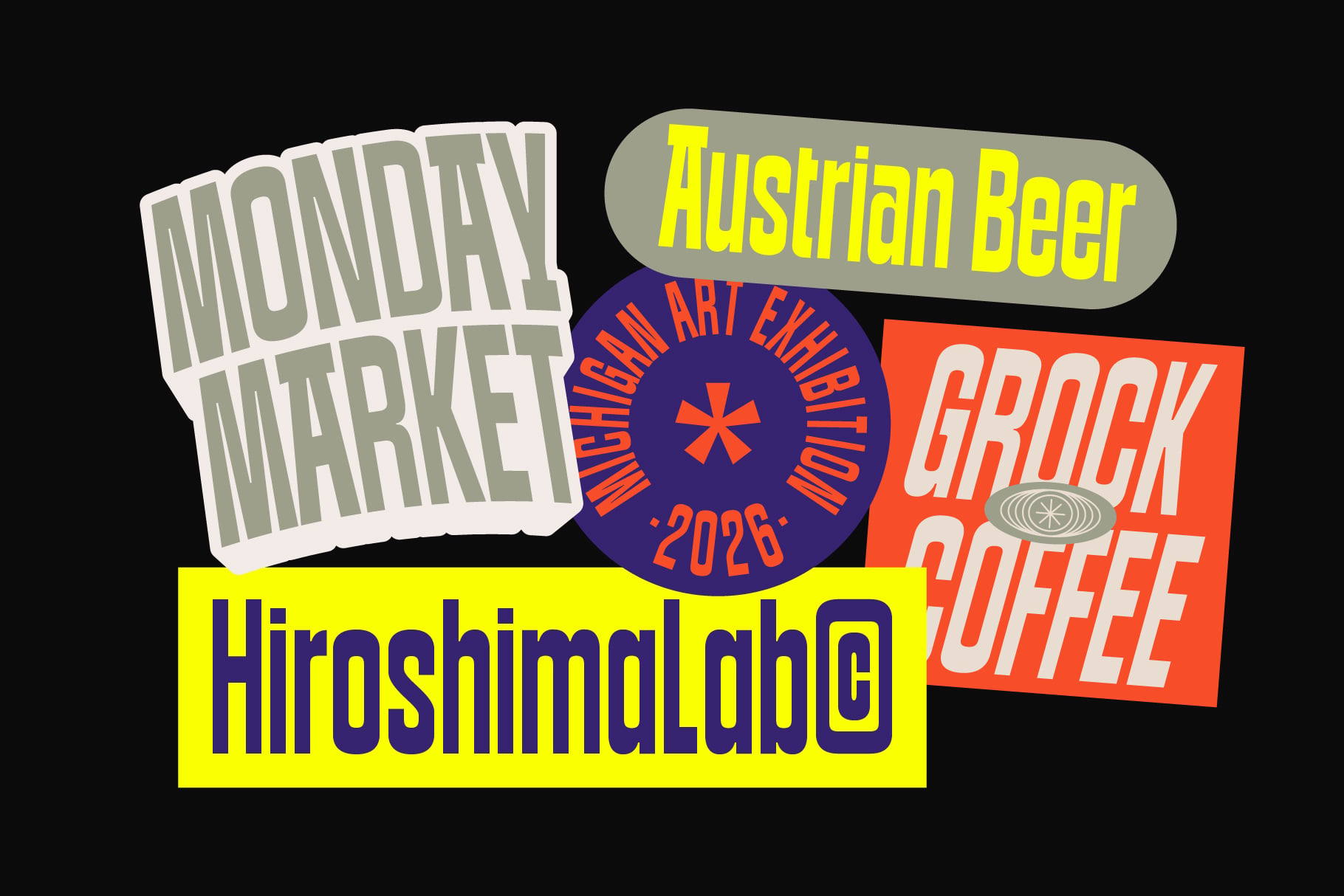 Retro event badges with bold typography: Monday Market, Austrian Beer, Craft Coffee, Hiroshima 2026