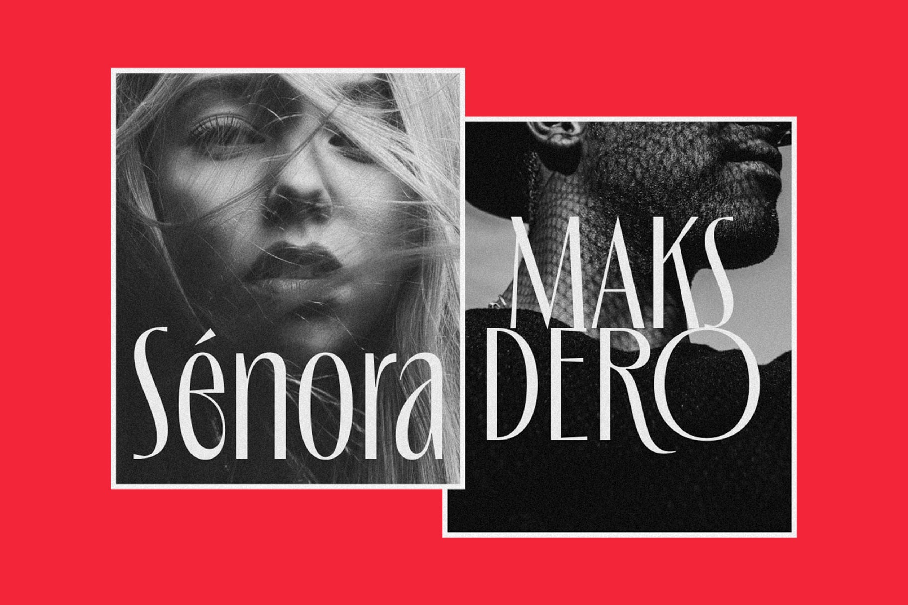 Overlapping black white photo frames with elegant serif type on bright red background