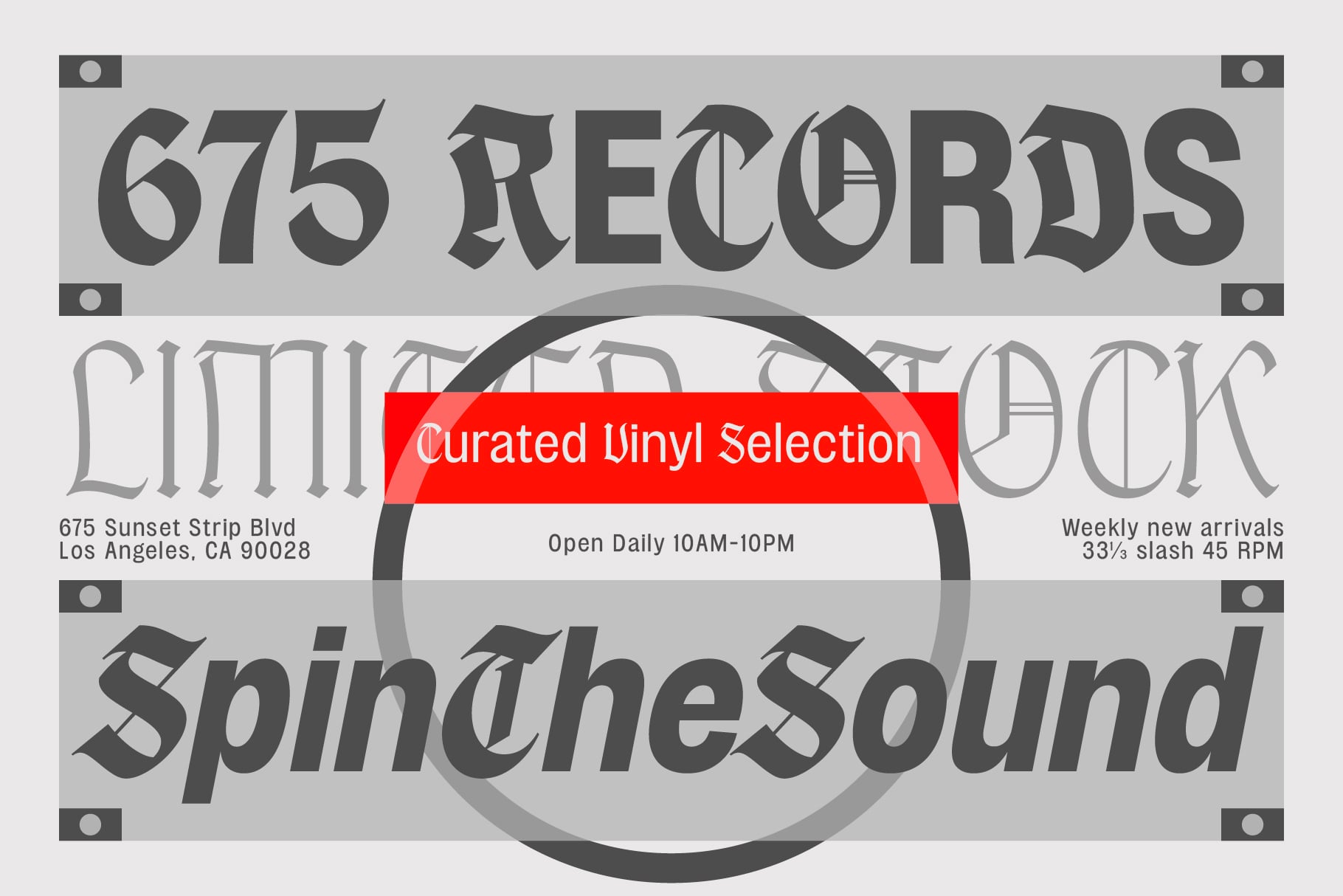 Vintage record store poster mockup with bold serif typography, vinyl record graphic, red banner overlay