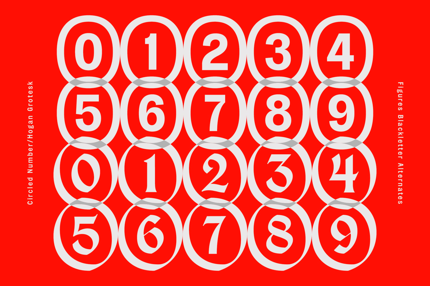 Bright red background with white circular number badges arranged in a grid from 0 to 9, twice over, with 3D beveled edges