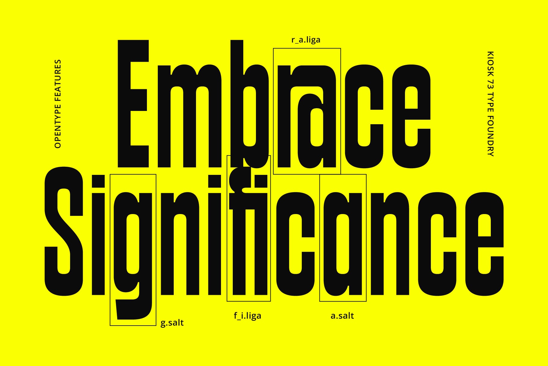 Neon yellow mockup showing bold black typography with labeled OpenType features outlined in yellow boxes