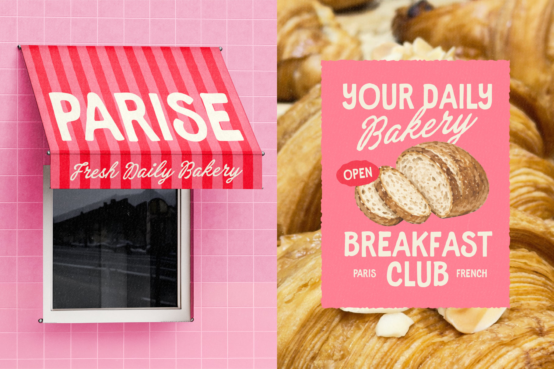 Retro bakery storefront mockup with pink striped awning, window display, poster with sliced bread against croissants