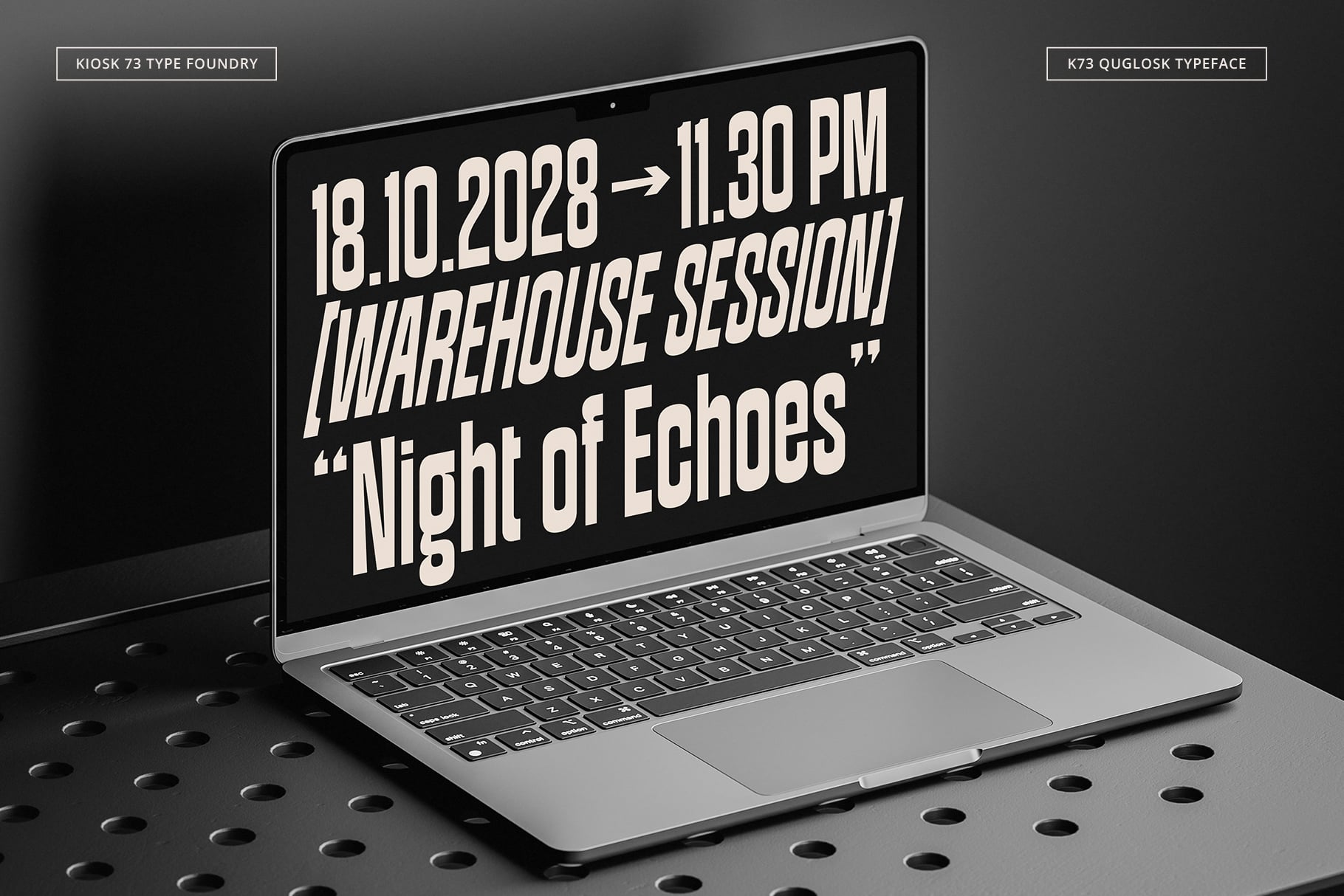 Laptop mockup displaying bold event poster typography with date, time, venue details in cream sans-serif