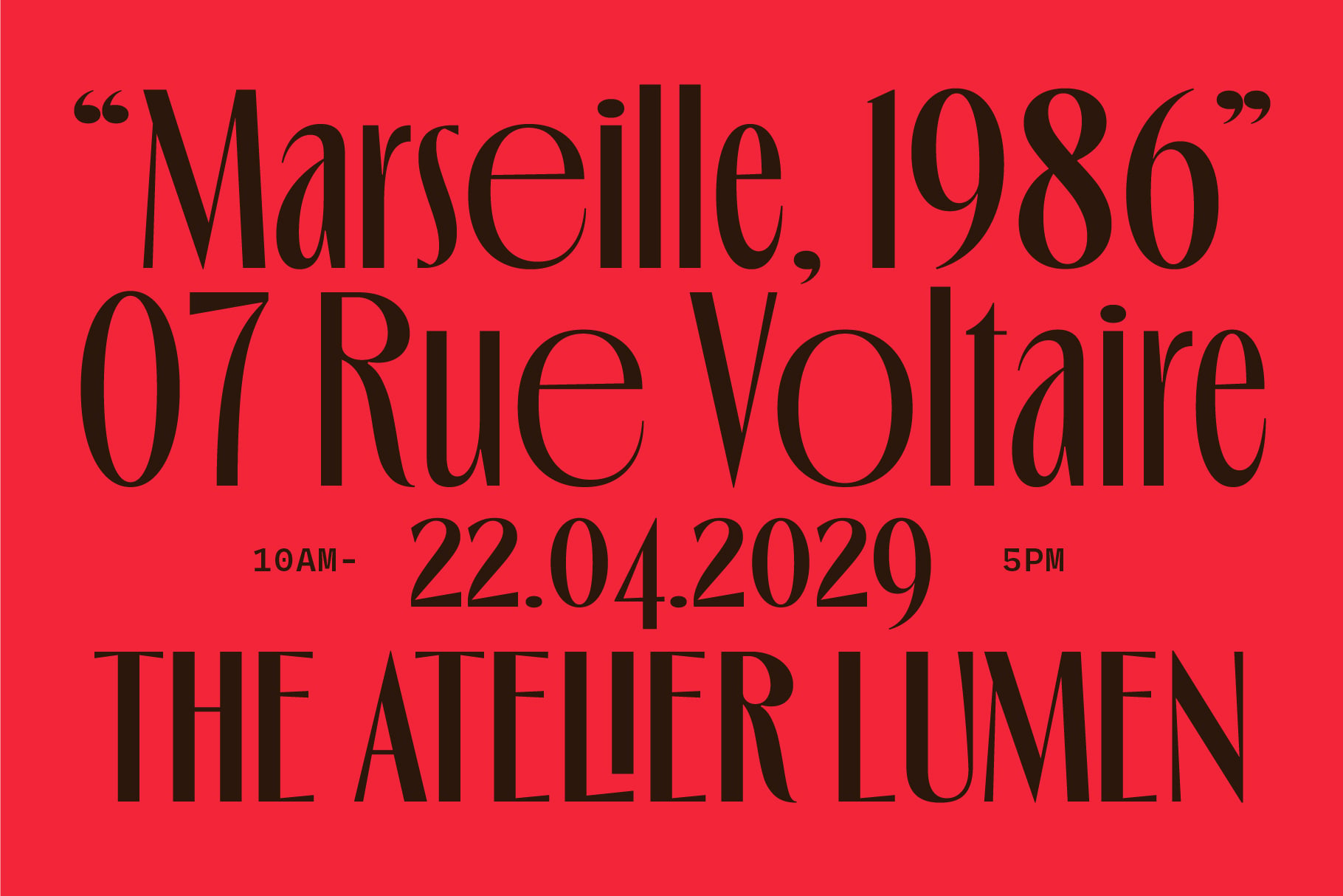 Bright red event poster with black serif type showing Marseille address, date April 22 2020, venue details