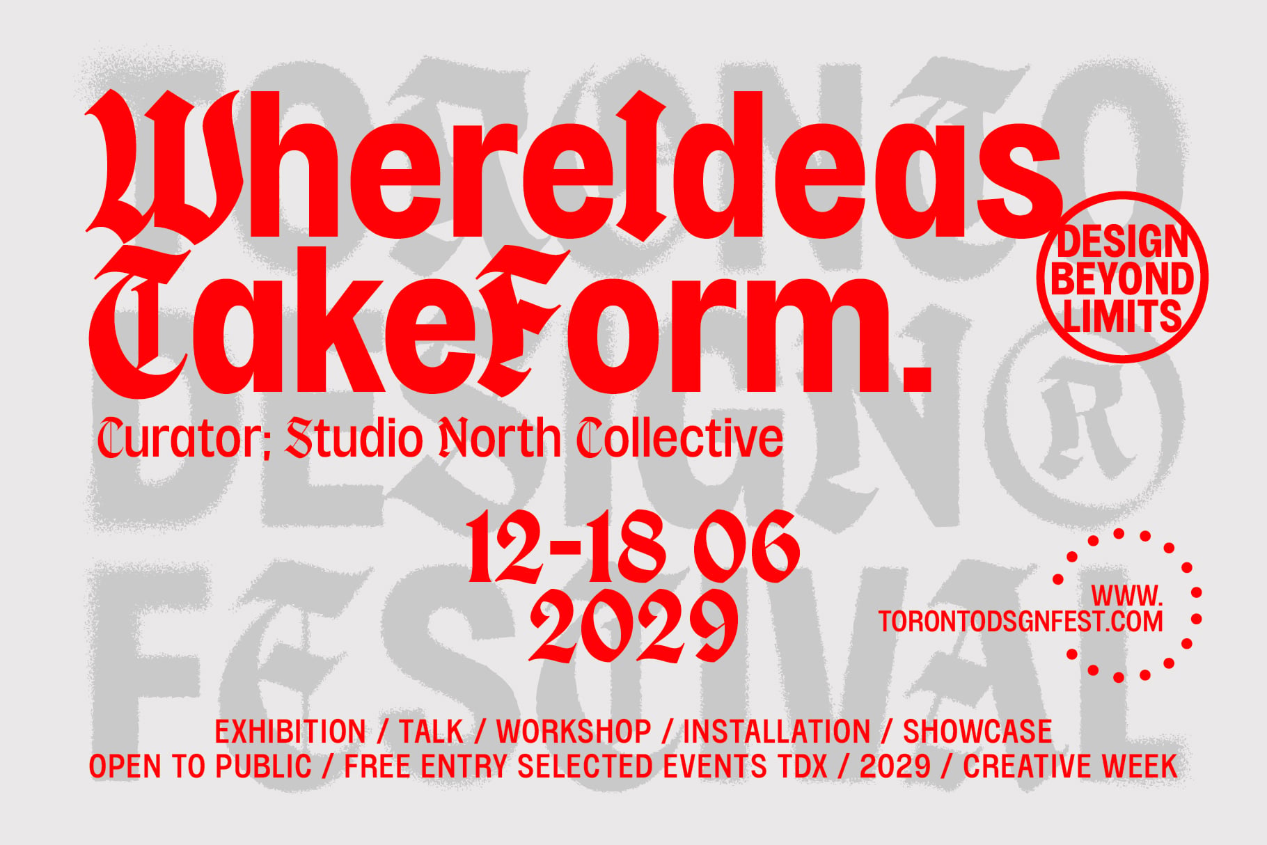 Bold red typography poster for Whereeldeas CakeForm design event in Toronto, 2029