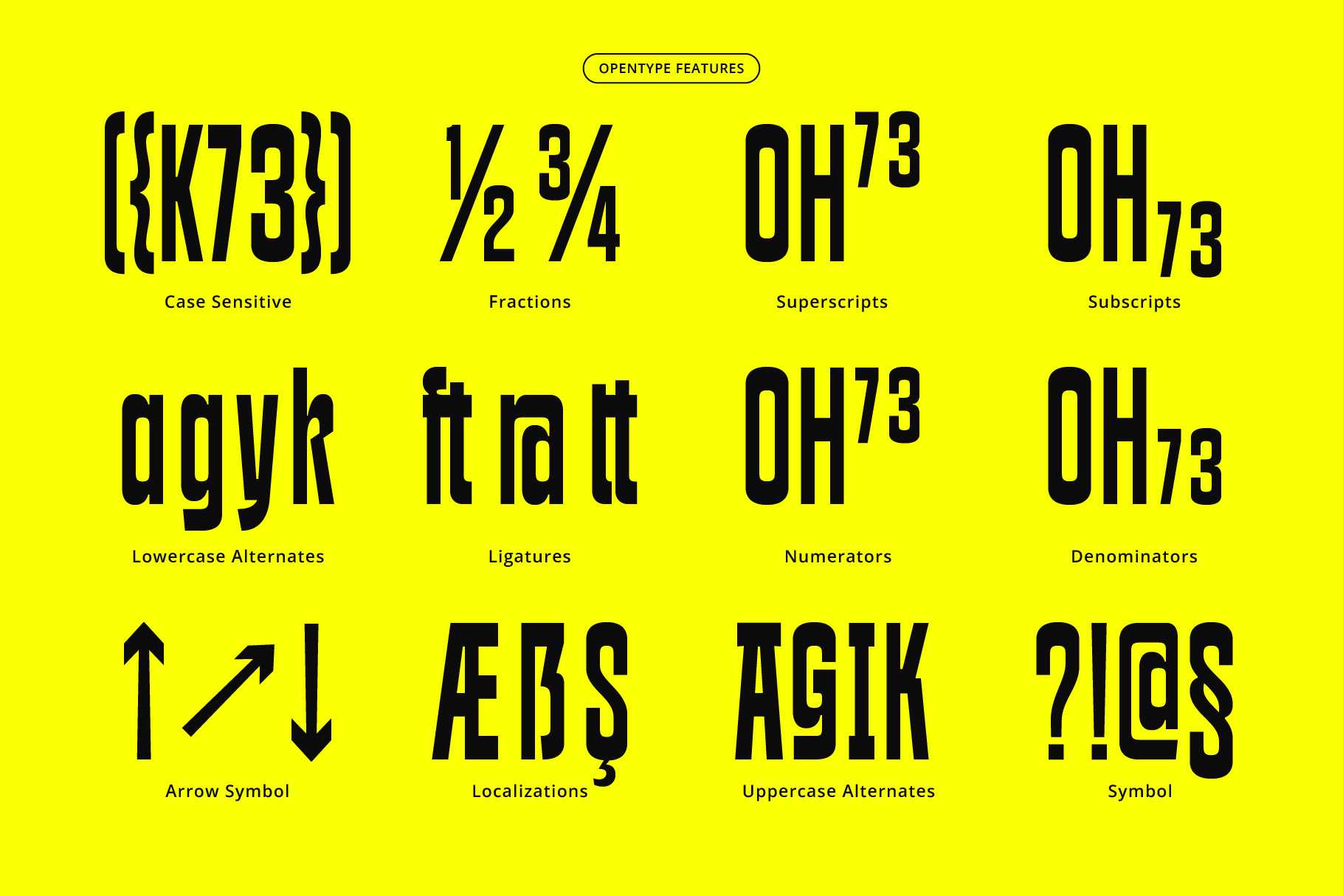 Bright yellow background showcasing OpenType font features like fractions, ligatures, superscripts with black typography samples