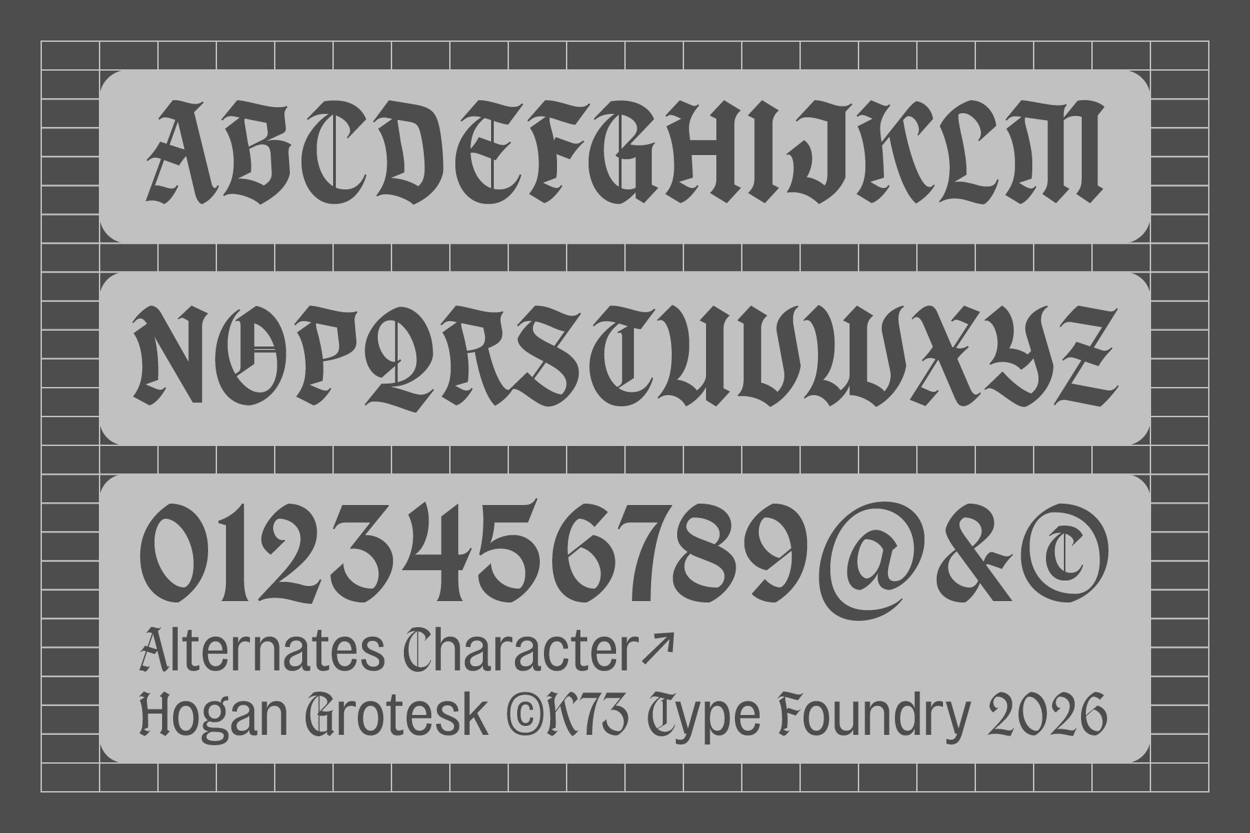 Hogan Grotesk font showing uppercase letters, numbers, symbols with alternates on gray background