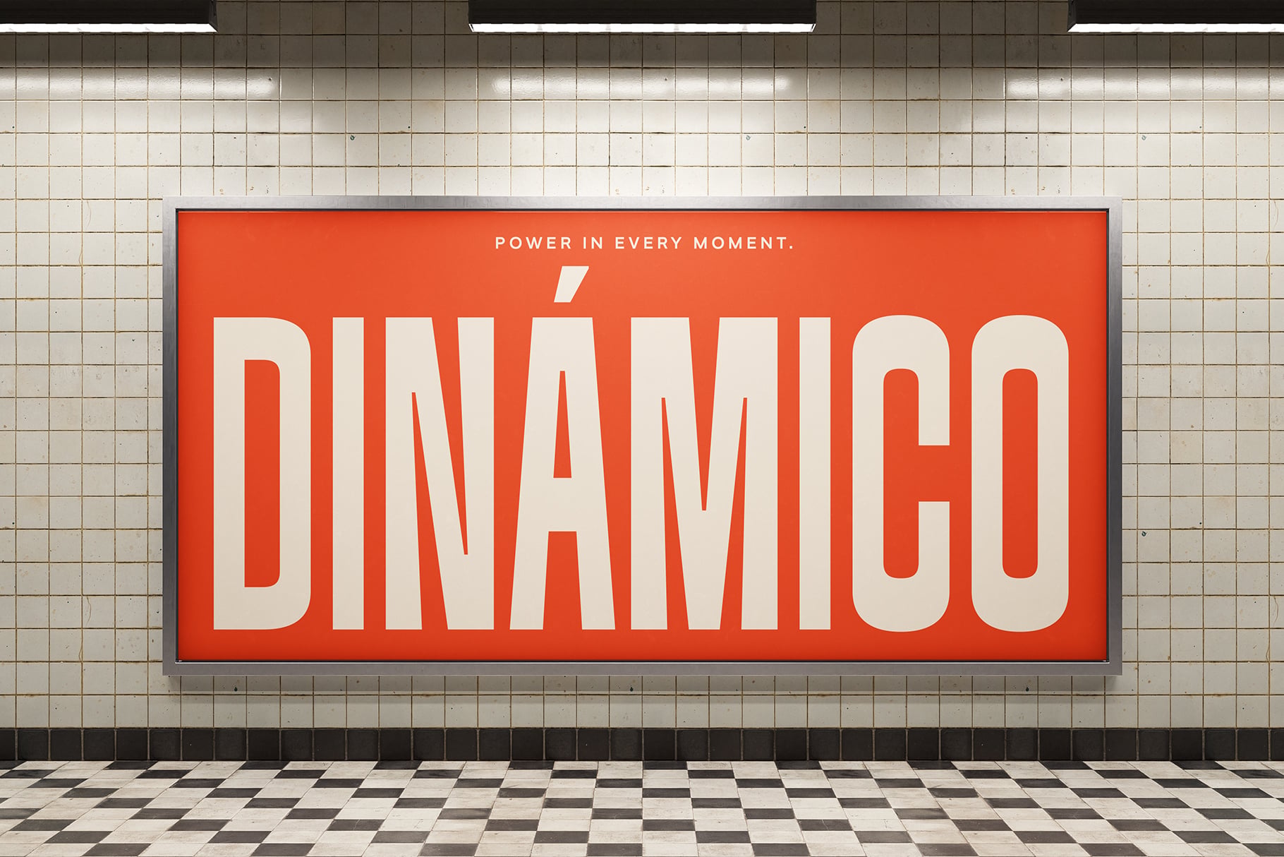 Retro orange billboard mockup with cream lettering saying "Dinamico" in a subway station setting