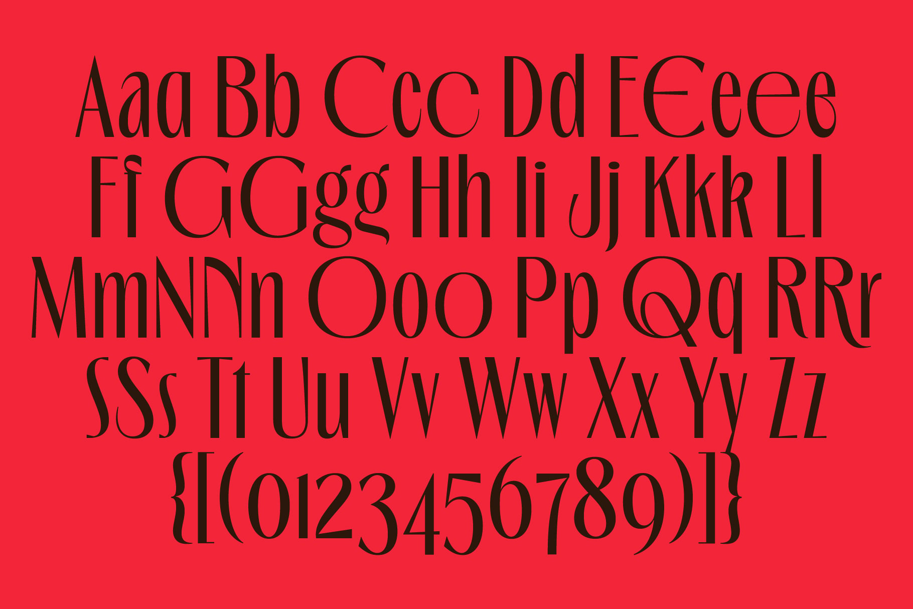 Serif font display showing full character set with numbers on bright red background
