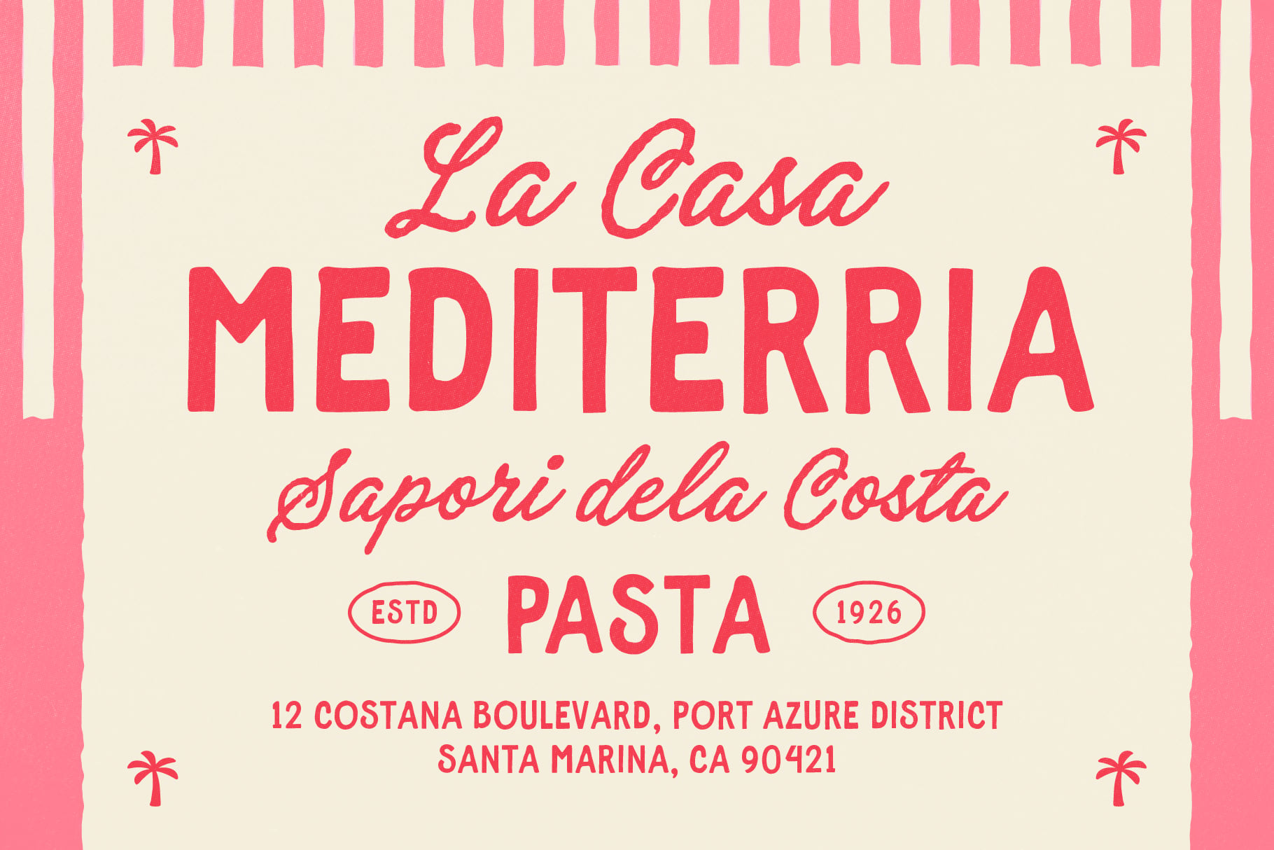 Vintage Italian pasta shop label with pink striped awning, script lettering, palm trees, established 1926 badge