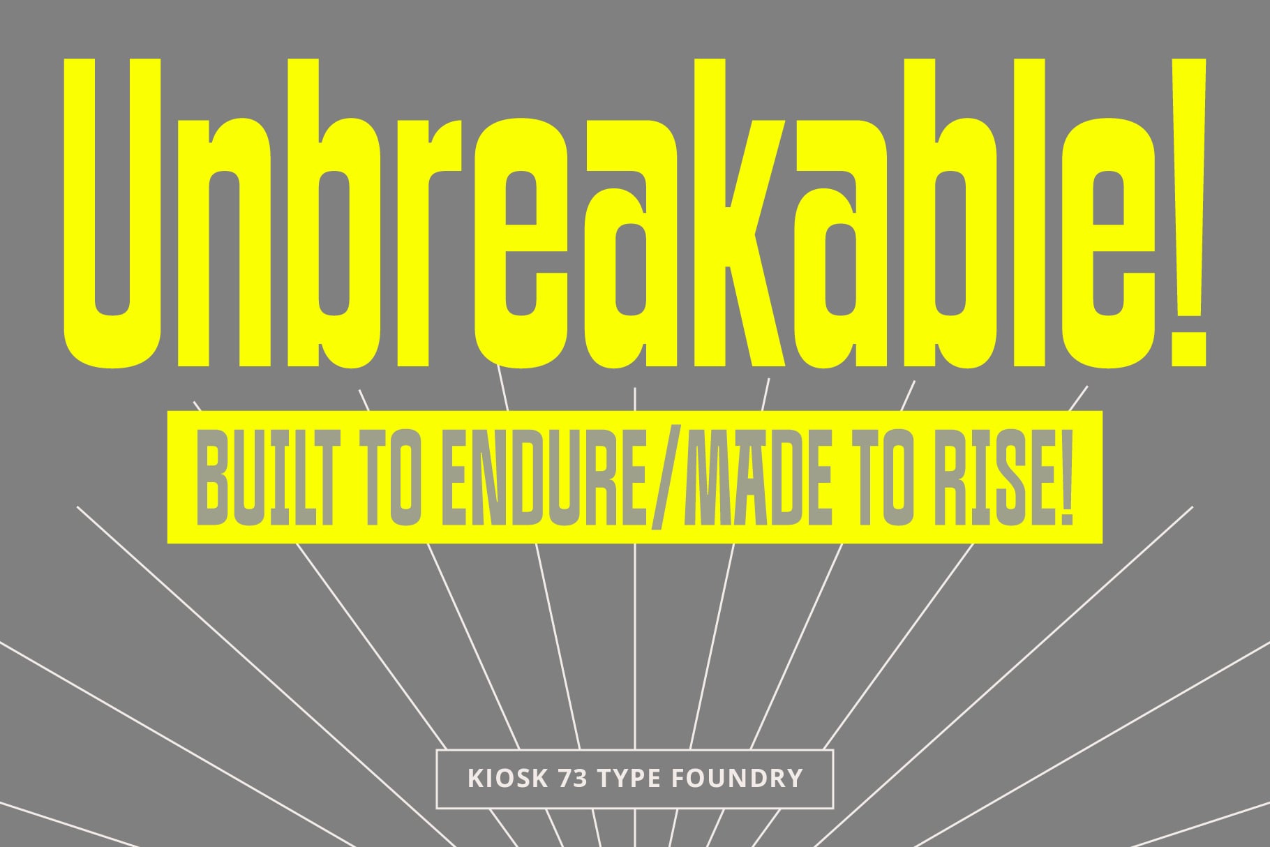 Bold yellow sans-serif type with retro sunburst lines on gray background