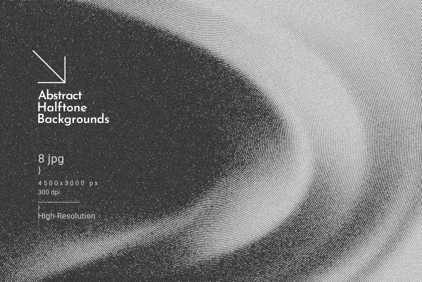 Grayscale halftone texture with radiating line patterns flowing from dark to light, moody contemporary vibe