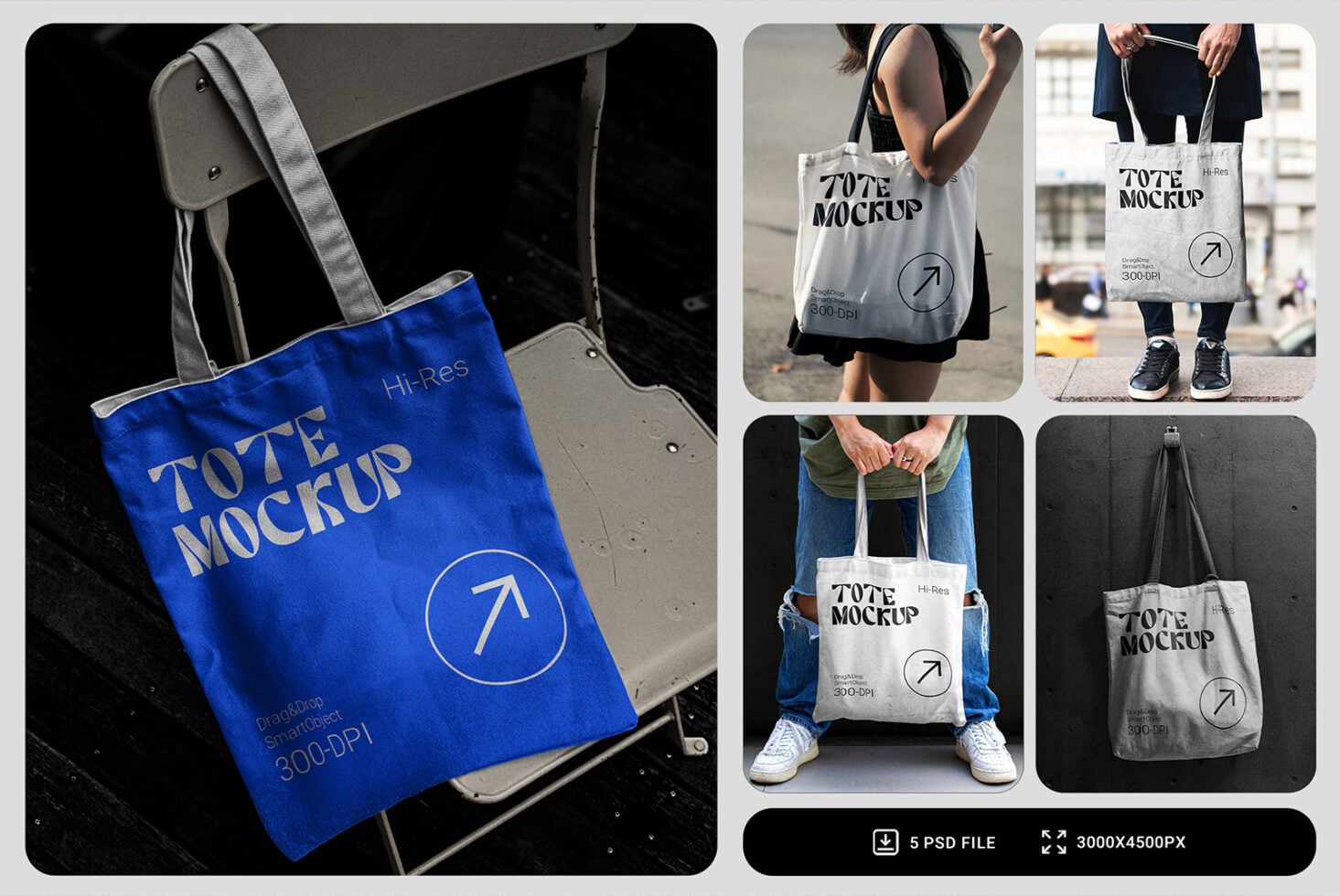 Bright blue tote bag with arrow logo shown in multiple realistic carry poses