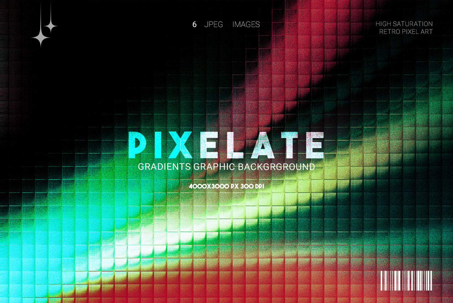 Pixelated gradient background transitioning from cyan to red through green tones