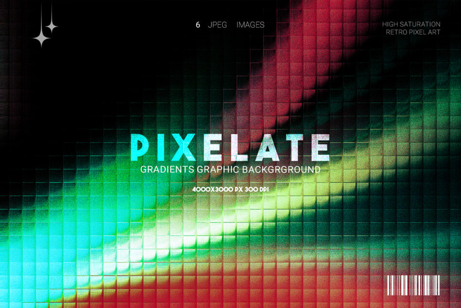 Pixelated gradient background transitioning from cyan to red through green tones