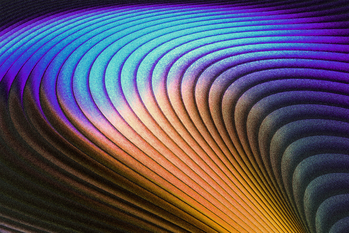 Colorful concentric curved lines flowing from yellow to purple with grainy texture overlay
