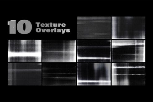 Collection of 10 grainy black-and-white texture overlays with scan lines, noise, dust streaks for analog effects