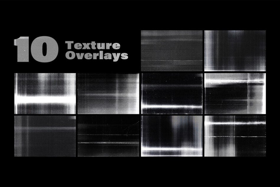 Collection of 10 grainy black-and-white texture overlays with scan lines, noise, dust streaks for analog effects
