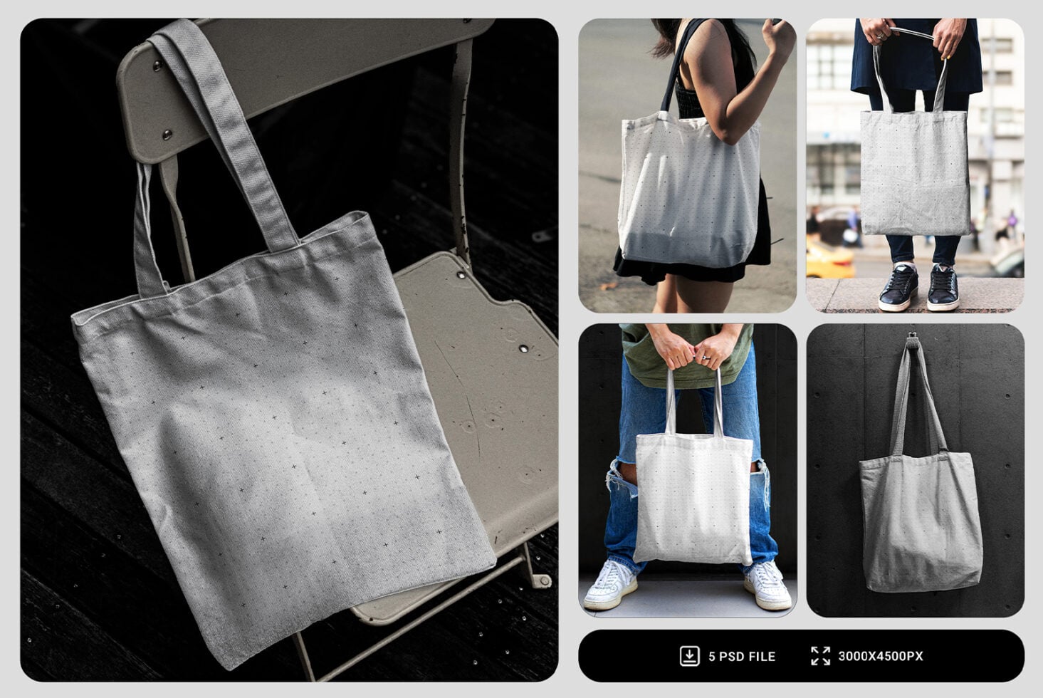Blank canvas tote bag mockup bundle shown on models in 6 lifestyle shots